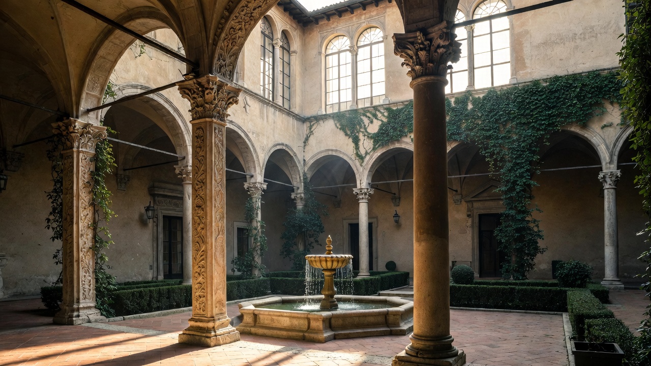 Renaissance Capulet-style noble courtyard mansion in Verona, illustrating the Capulet family home atmosphere