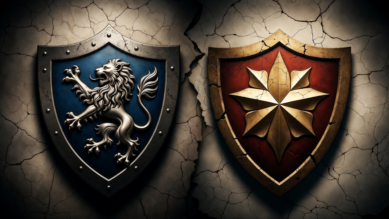 Symbolic opposing Montague and Capulet heraldic shields representing the family feud in Romeo and Juliet