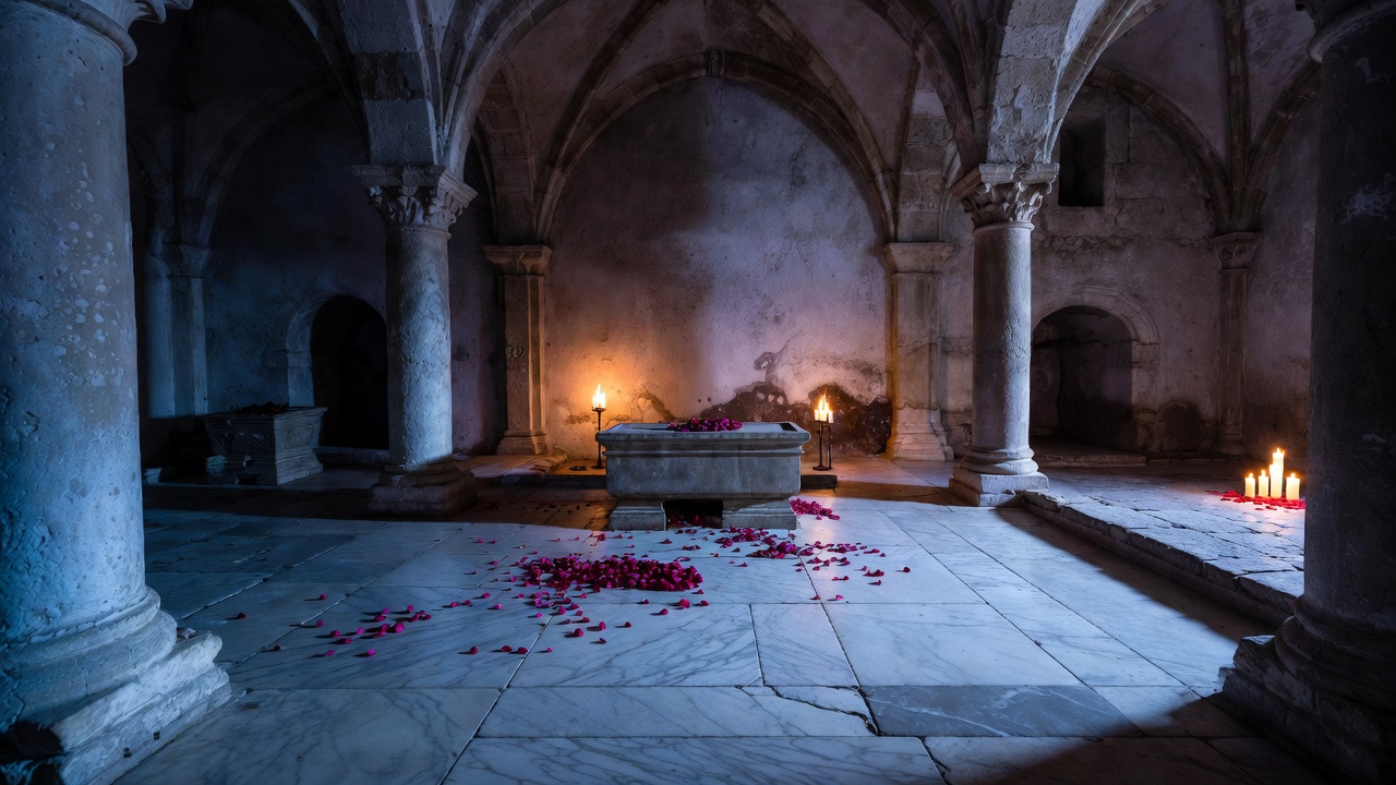 Tragic Renaissance crypt tomb with candlelight, representing the fateful ending of Romeo and Juliet