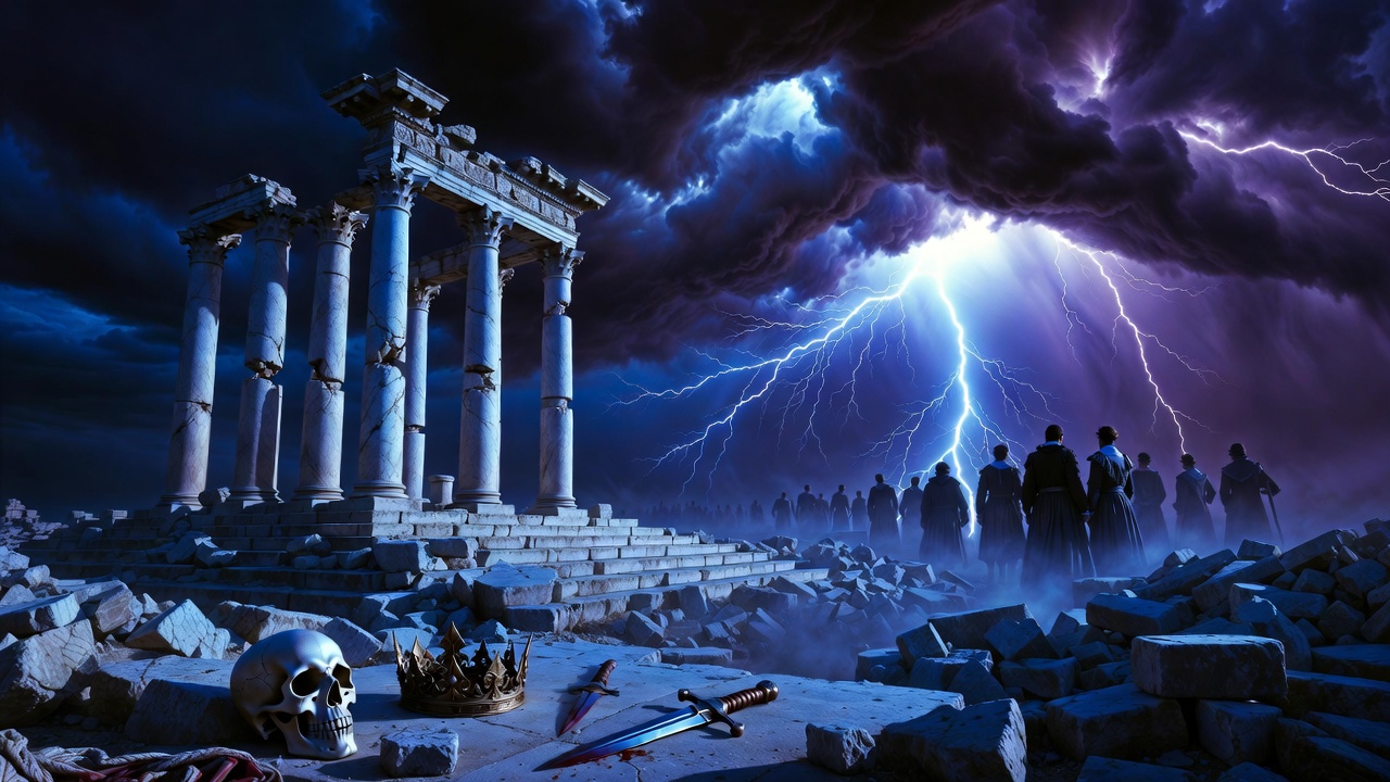Ruined classical columns under stormy sky with skull, crown, and dagger symbolizing doomed Shakespearean tragedy and inevitable fate