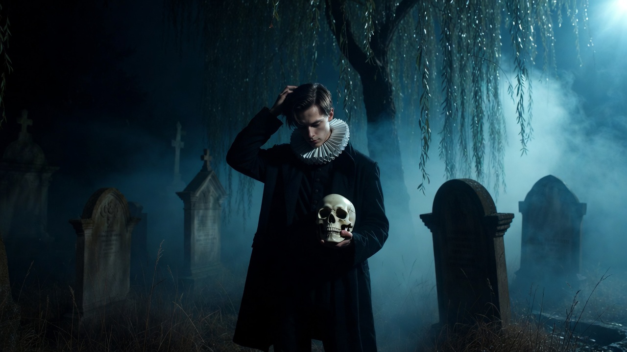 Hamlet contemplating Yorick's skull in a foggy graveyard, embodying tragic paralysis and doomed fate in Shakespeare's play