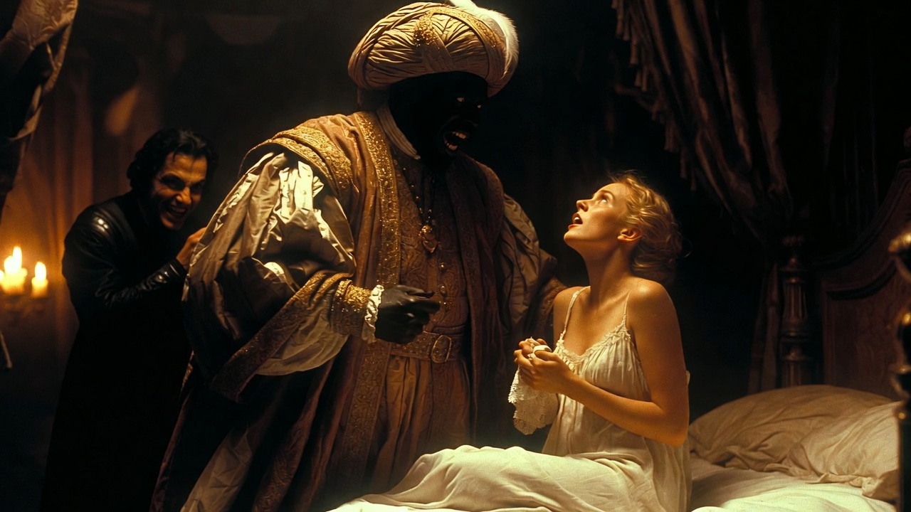 Othello in jealous rage confronting Desdemona with handkerchief, symbolizing manipulation and doomed downfall in Shakespeare's tragedy