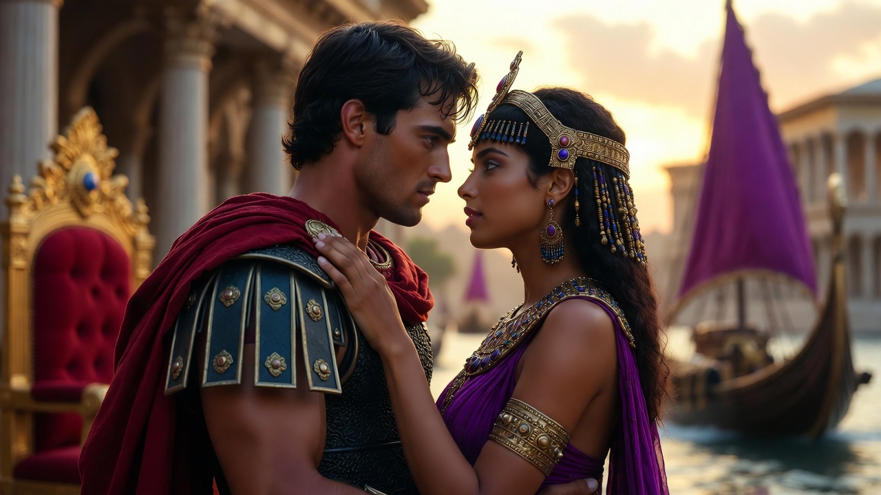 Mark Antony and Cleopatra in passionate embrace, symbolizing their tragic love in Shakespeare's Antony and Cleopatra