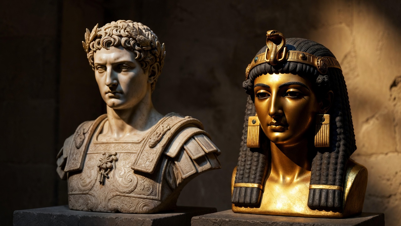 Roman bust of Mark Antony beside Egyptian-style Cleopatra statue representing Shakespeare’s historical sources