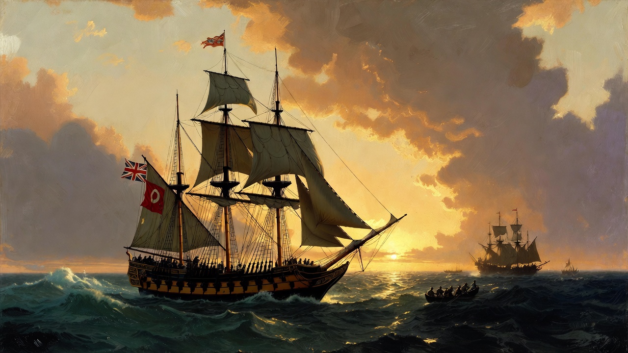 19th-century Royal Navy ship intercepting a slave vessel off the West African coast during the suppression of the slave trade