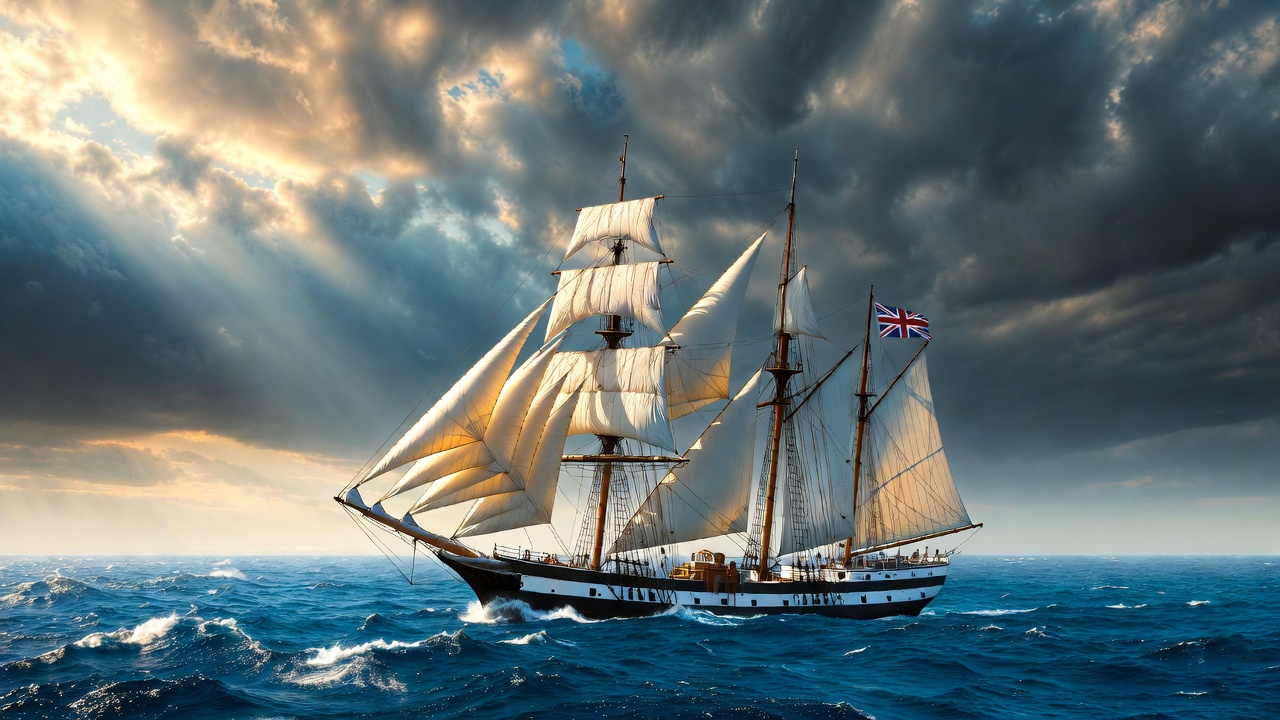 19th-century British sailing ship on the high seas, symbolizing Sir Henry Vere Huntley's global naval and colonial voyages