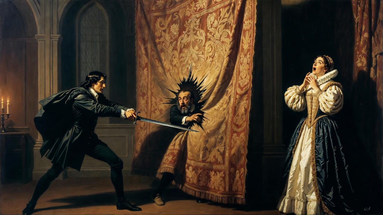 Hamlet accidentally kills Polonius behind the arras in Gertrude's chamber, Hamlet Act 3 Scene 4 key violent moment
