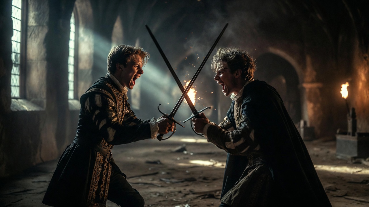 Dramatic poisoned sword duel between Hamlet and Laertes in Act 5 Scene 2, Shakespeare tragedy climax in castle hall