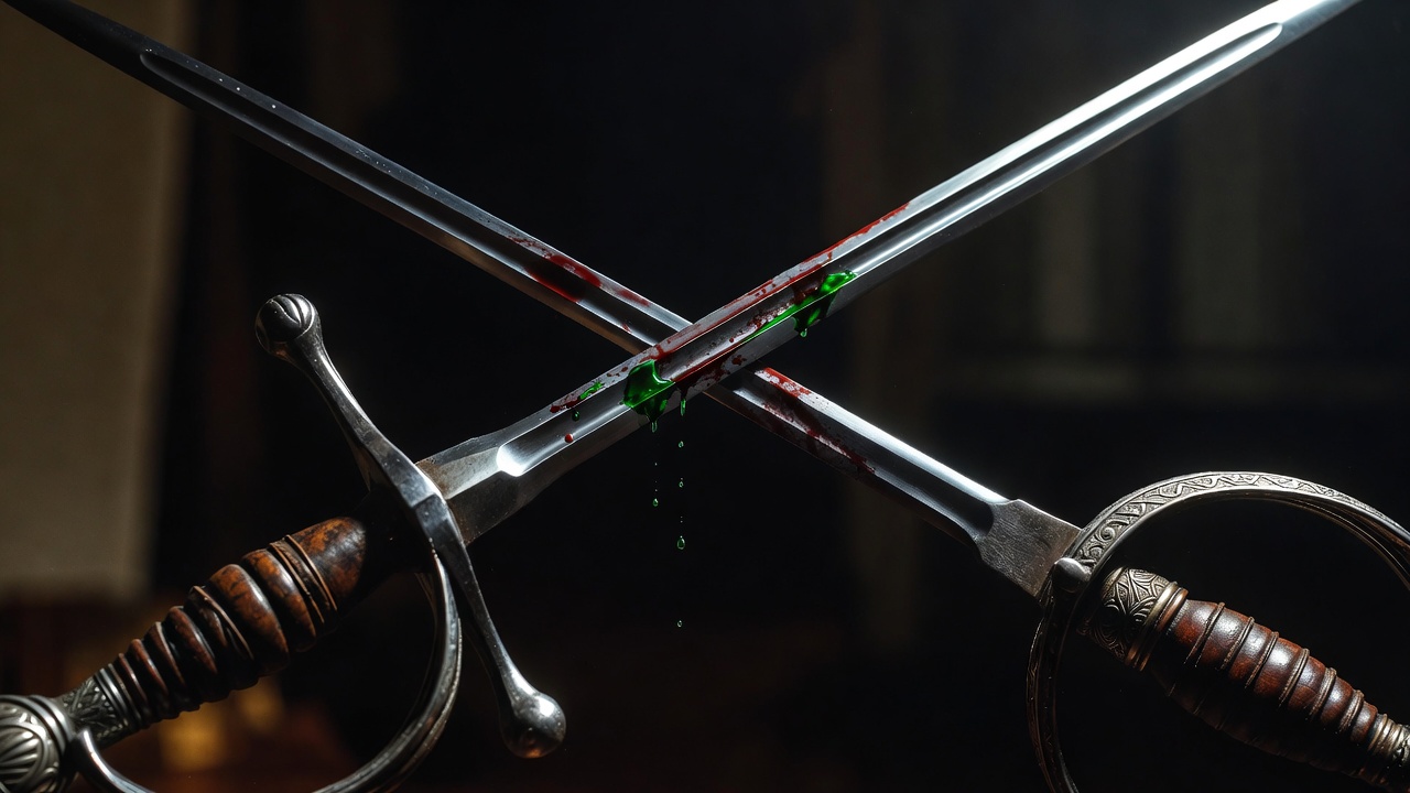 Crossed poisoned swords representing revenge and poetic justice in Hamlet Act 5 Scene 2 analysis