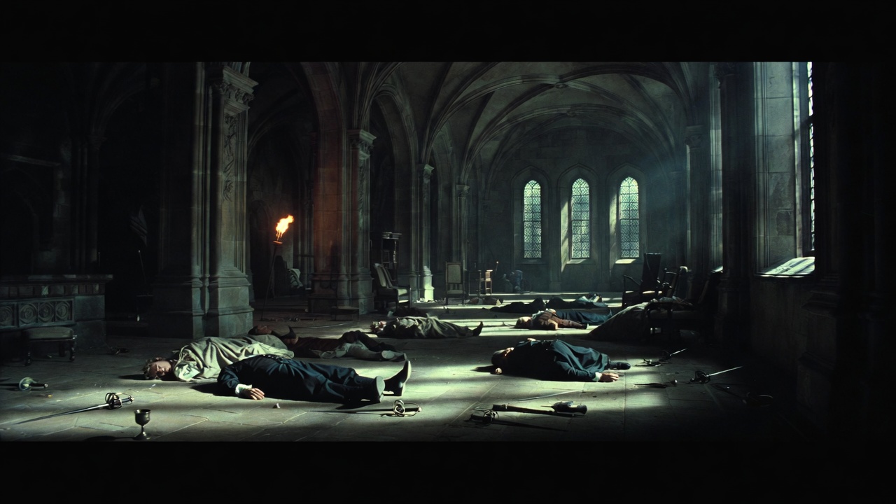 Tragic scene of death and aftermath in Hamlet Act 5 Scene 2 ending, Shakespeare tragedy bodies in hall
