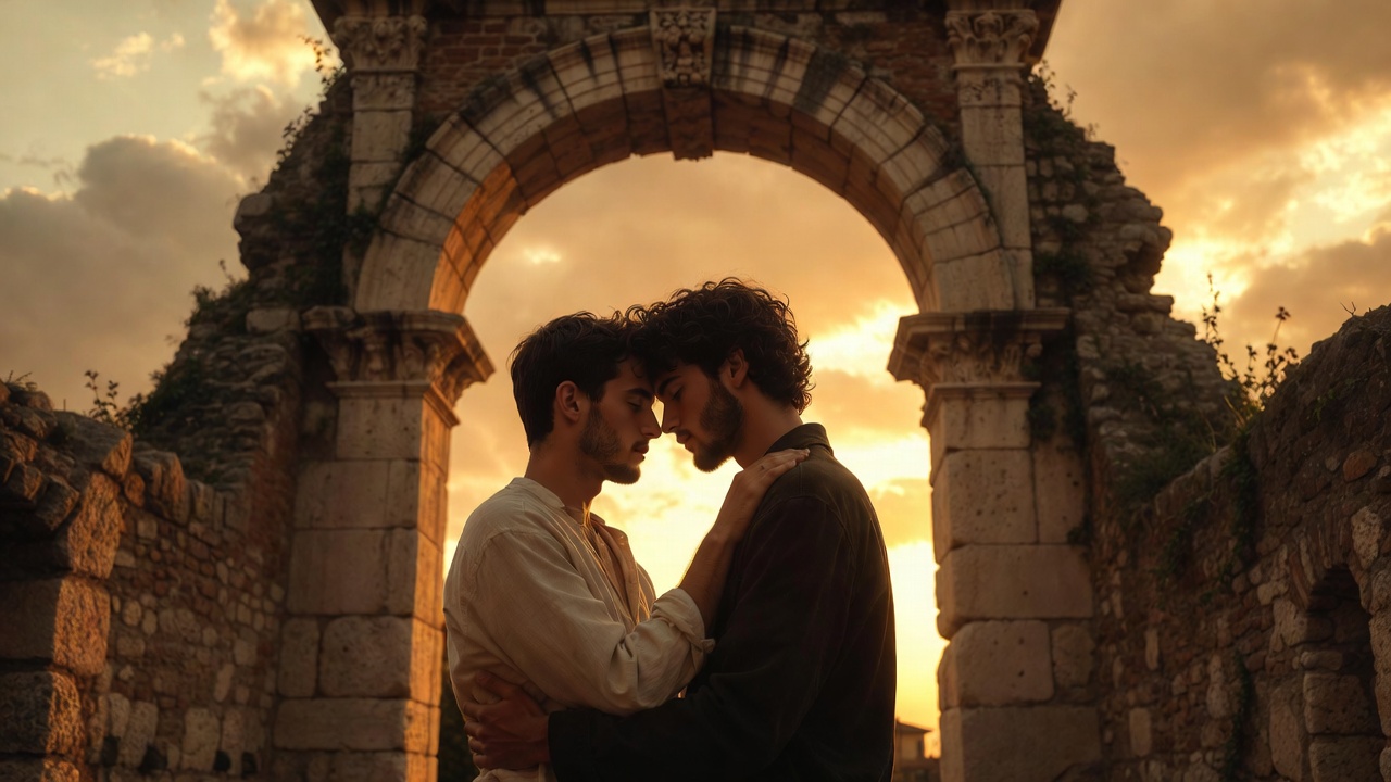 Two men in tender embrace under Verona arch representing queer Romeo and Julius romance