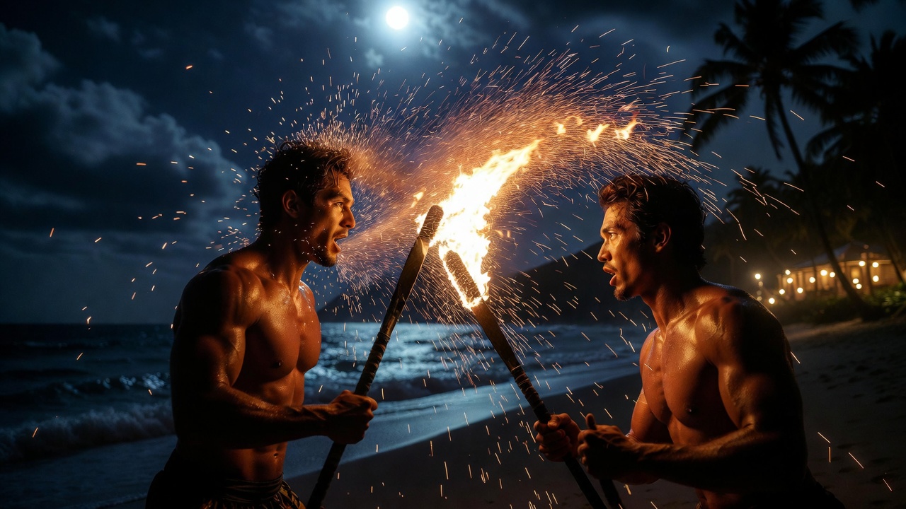 Hawaiian fire dancers in romantic tension from Romeo and Julius gay romance book by A.J. Llewellyn