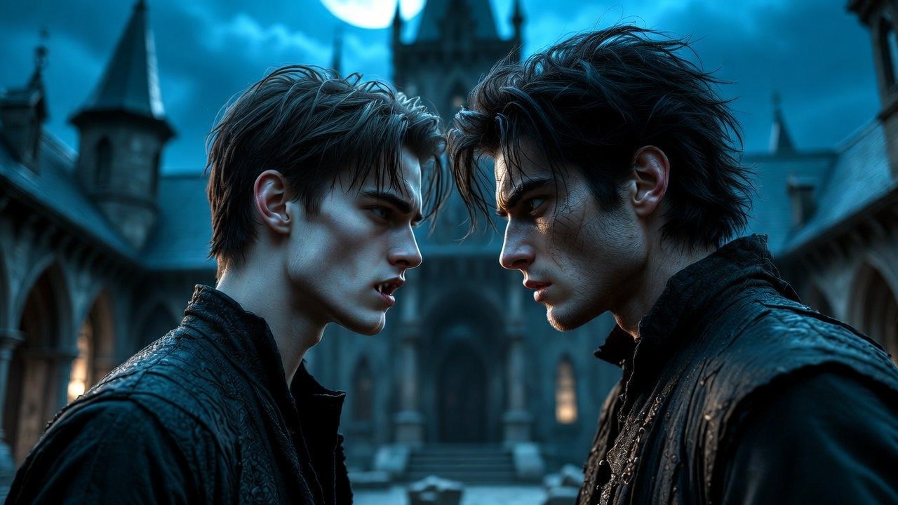 Vampire and werewolf men in intense stare symbolizing forbidden love in queer fantasy retelling