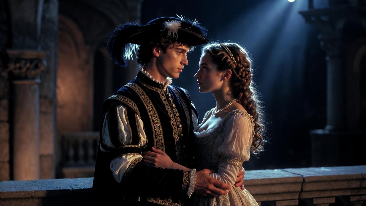 Young lovers in Shakespearean costume embracing on balcony, symbolizing Romeo and Juliet inspiration for close-in-age laws
