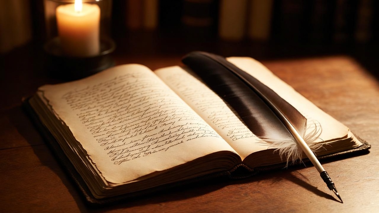 Vintage open book with quill under candlelight, representing Shakespeare's Romeo and Juliet influence on modern age-of-consent laws