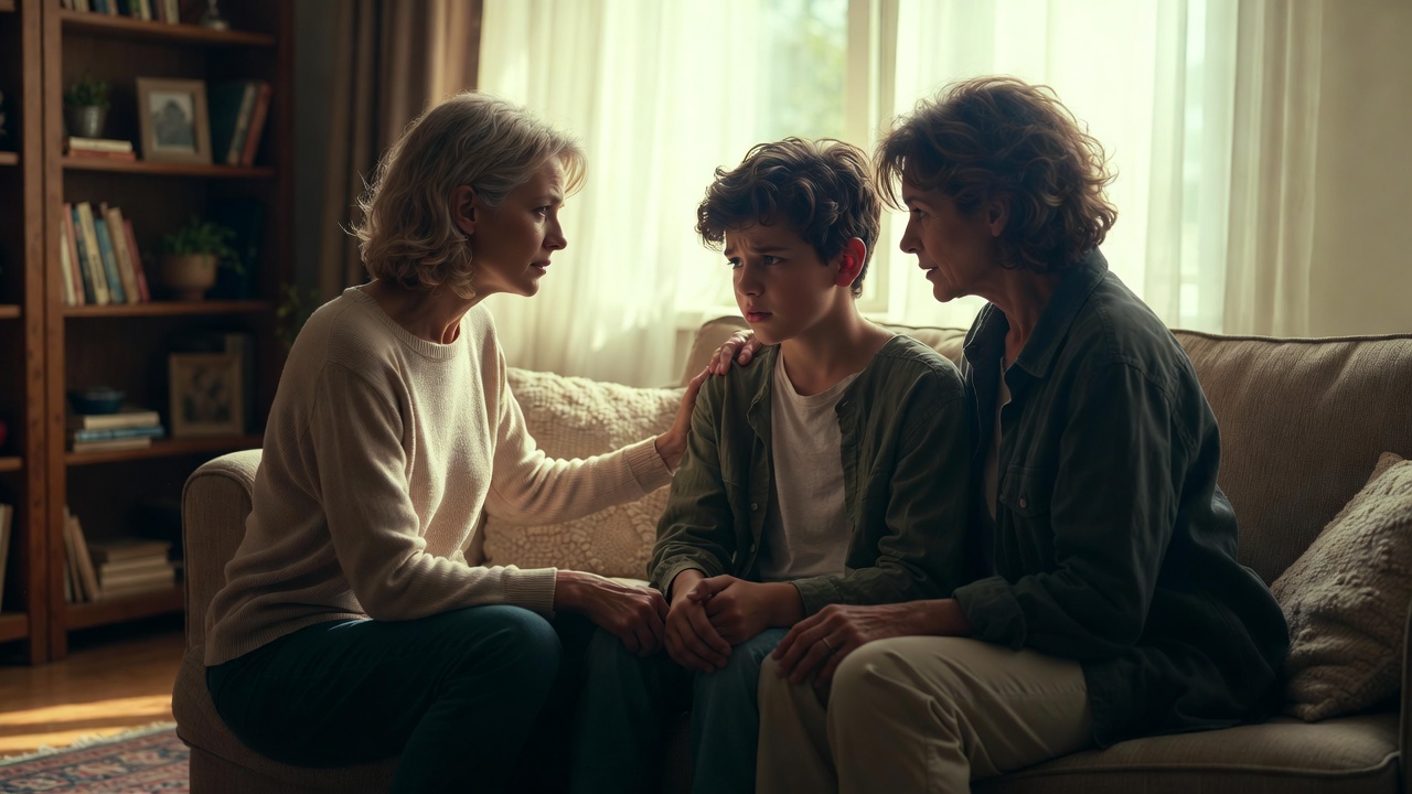 Parents having supportive conversation with teenager about relationships and Michigan consent laws at home