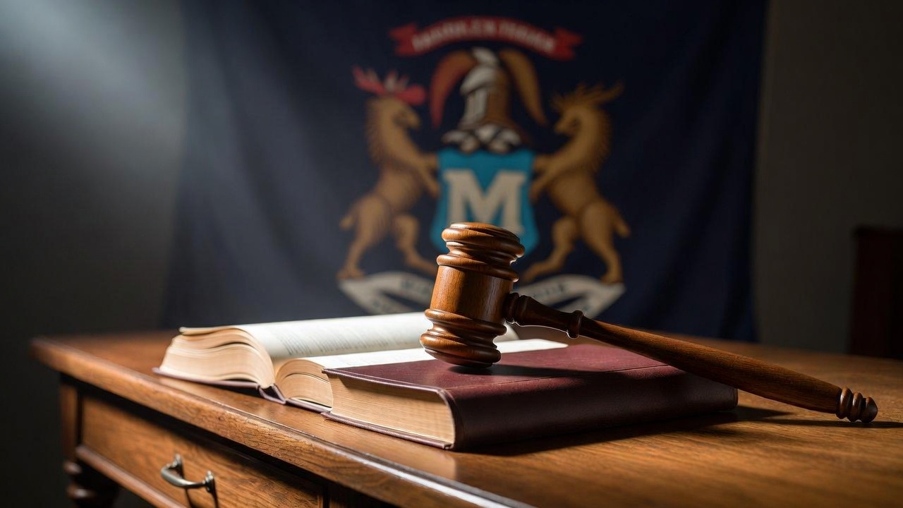 Gavel and law book on desk with Michigan flag, representing penalties under Criminal Sexual Conduct statutes