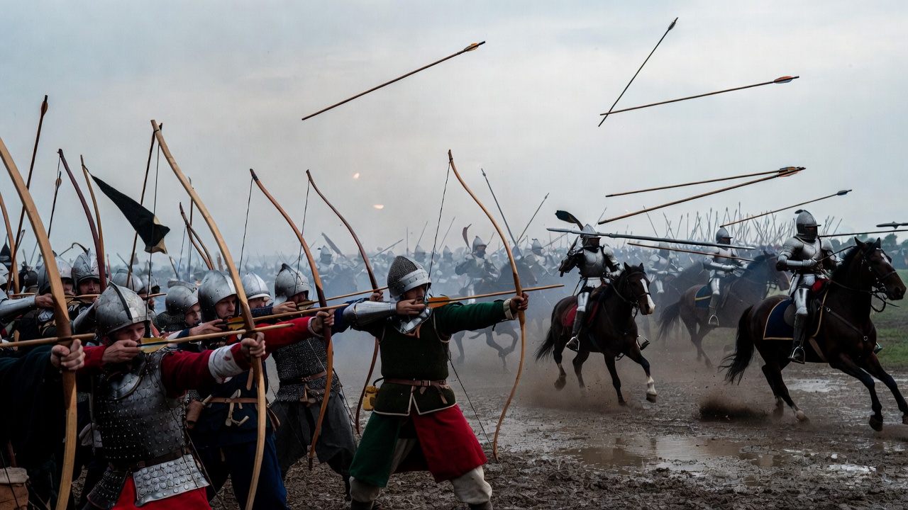 Medieval English army at Battle of Agincourt longbowmen firing arrows in muddy field historical reenactment