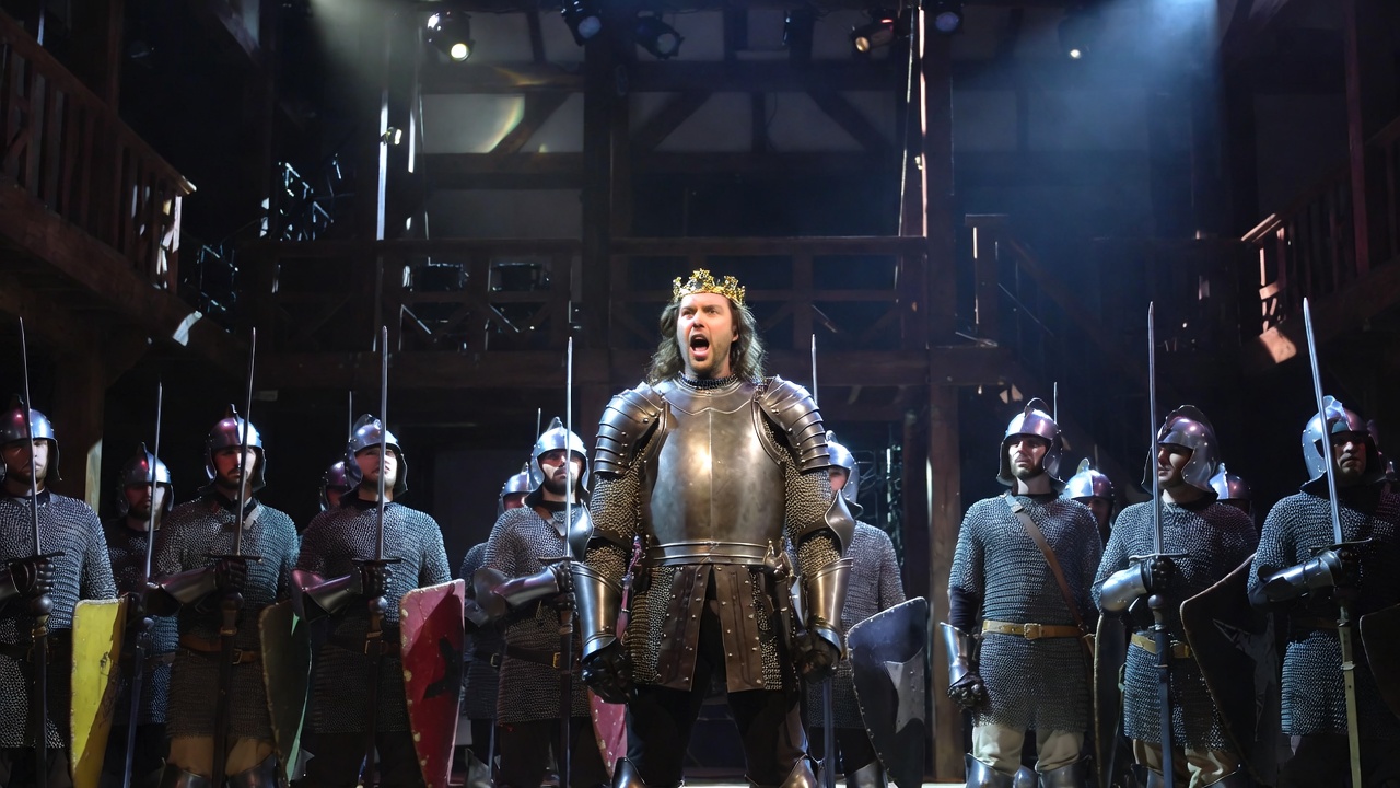 Stage performance of King Henry V Shakespeare play actor rallying soldiers in dramatic theater setting