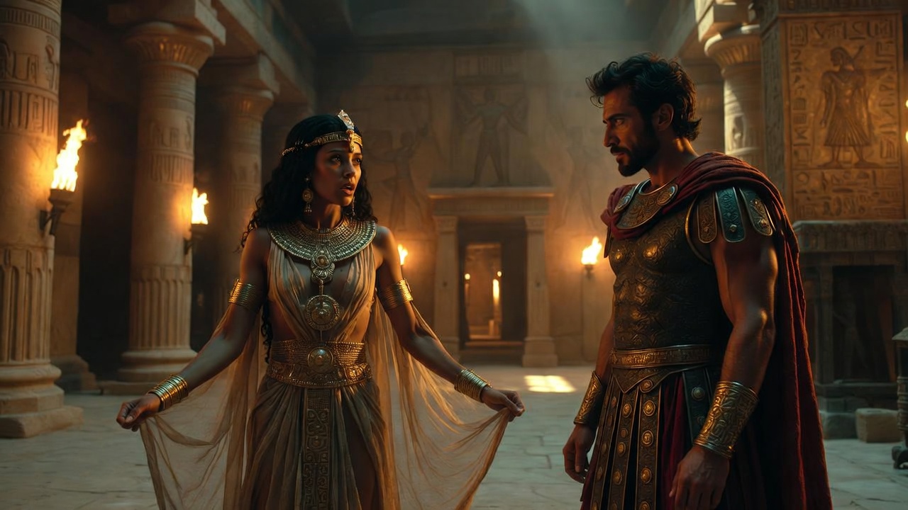 Cleopatra and Antony in heated confrontation inside Egyptian palace – Act 1 Scene 3 summary visual