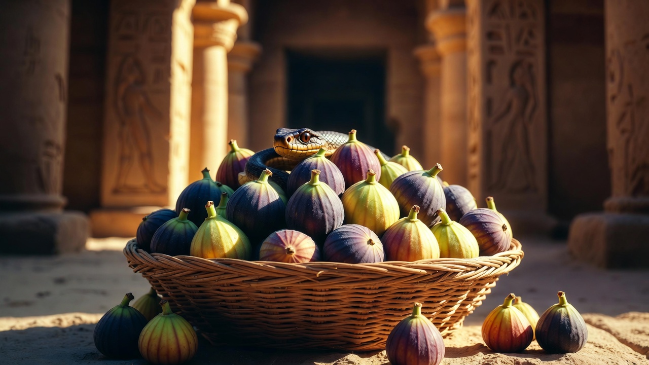 Basket of ripe figs concealing an asp in ancient Egyptian setting symbolizing death and sensuality in Antony and Cleopatra