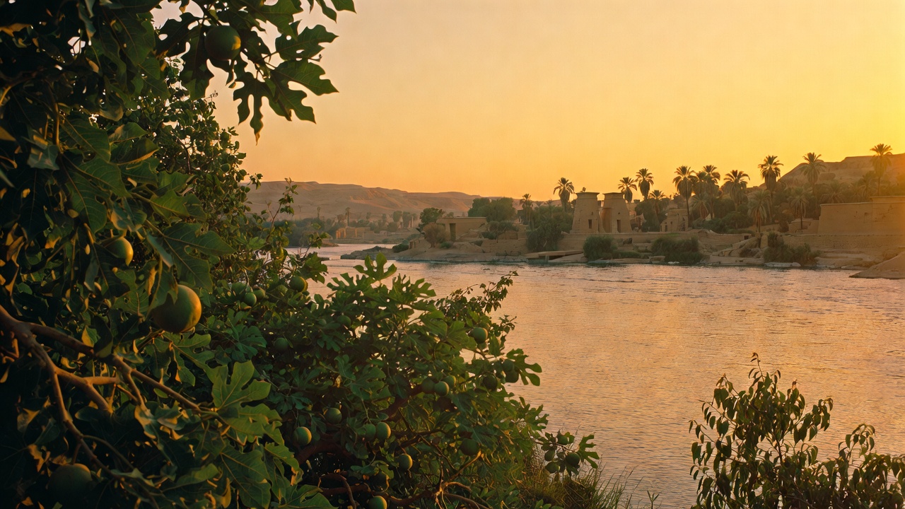 Fertile Nile landscape with fig trees evoking Egyptian sensuality and abundance in Antony and Cleopatra symbolism