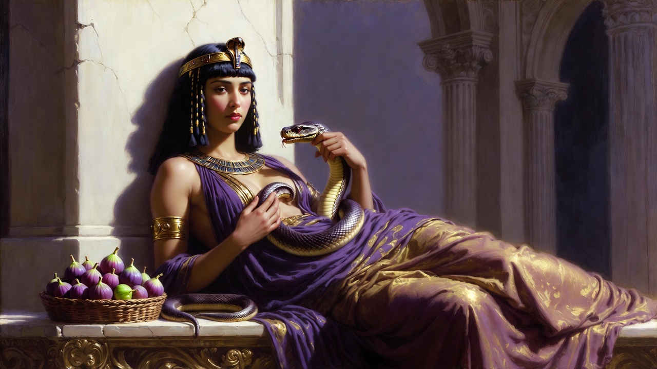 Cleopatra with asp at her breast and figs basket in tragic suicide scene from Shakespeare's Antony and Cleopatra