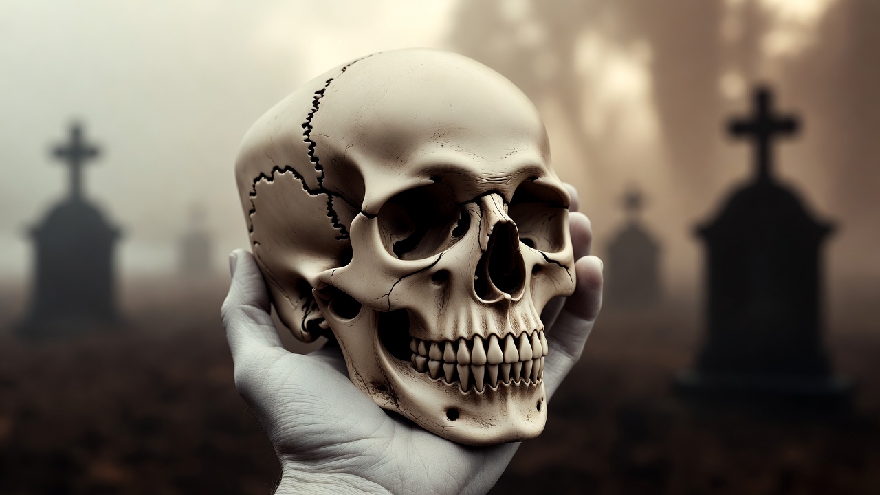 Yorick's skull in Hamlet's hand from Act 5 graveyard scene, representing memento mori and equality in death