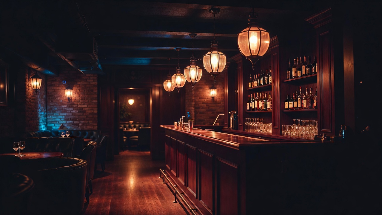 Dimly lit speakeasy interior at Hamlet & Ghost restaurant in Saratoga Springs, showcasing moody theatrical ambiance and antique bar setup.