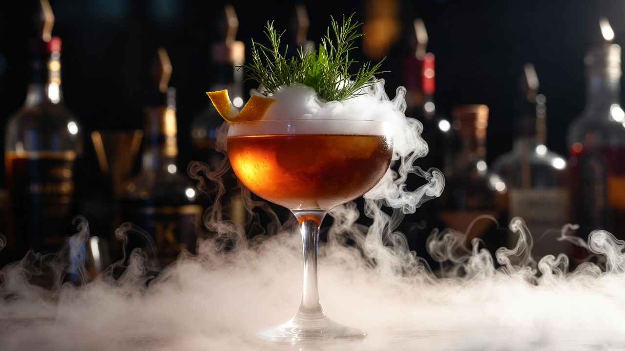 Smoky craft cocktail with dramatic presentation at Hamlet & Ghost, featuring dry ice fog and elegant garnishes in Saratoga speakeasy.