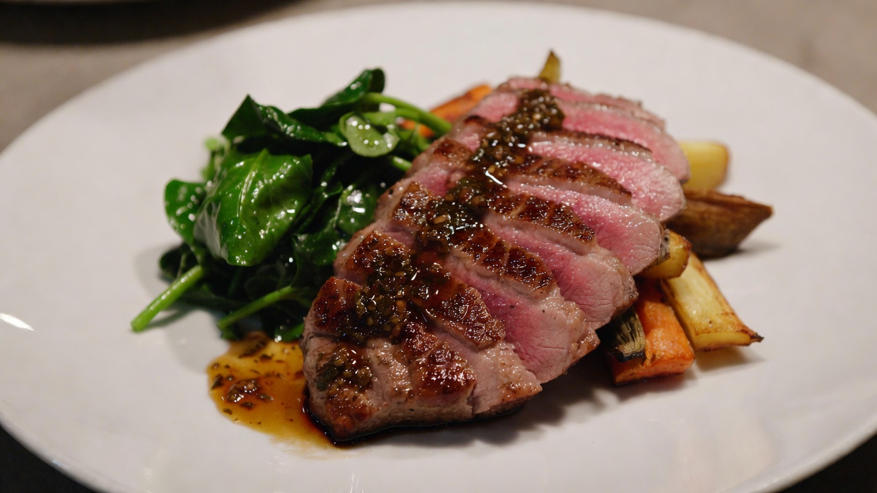 Seared duck breast entree with seasonal accompaniments from Hamlet & Ghost menu, elegant New American cuisine plating.