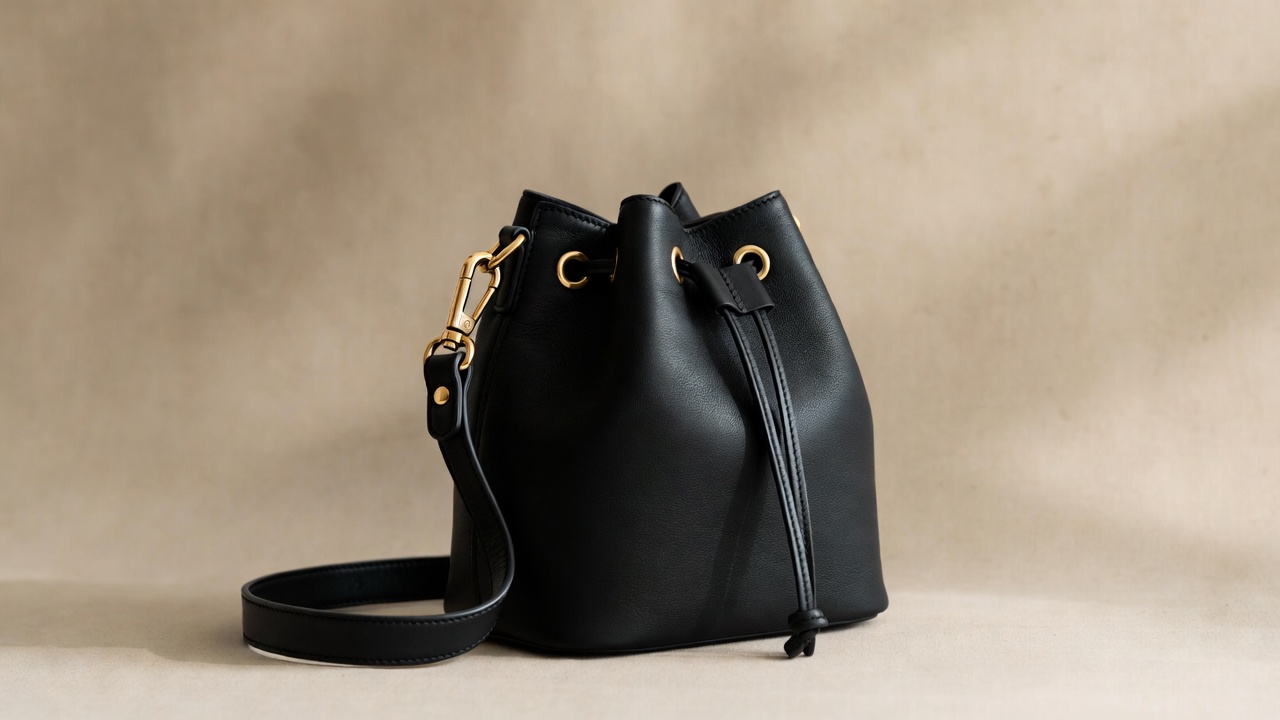Clare V Henri Petit mini crossbody bag in black leather with drawstring closure and gold hardware, showcasing compact luxury design.