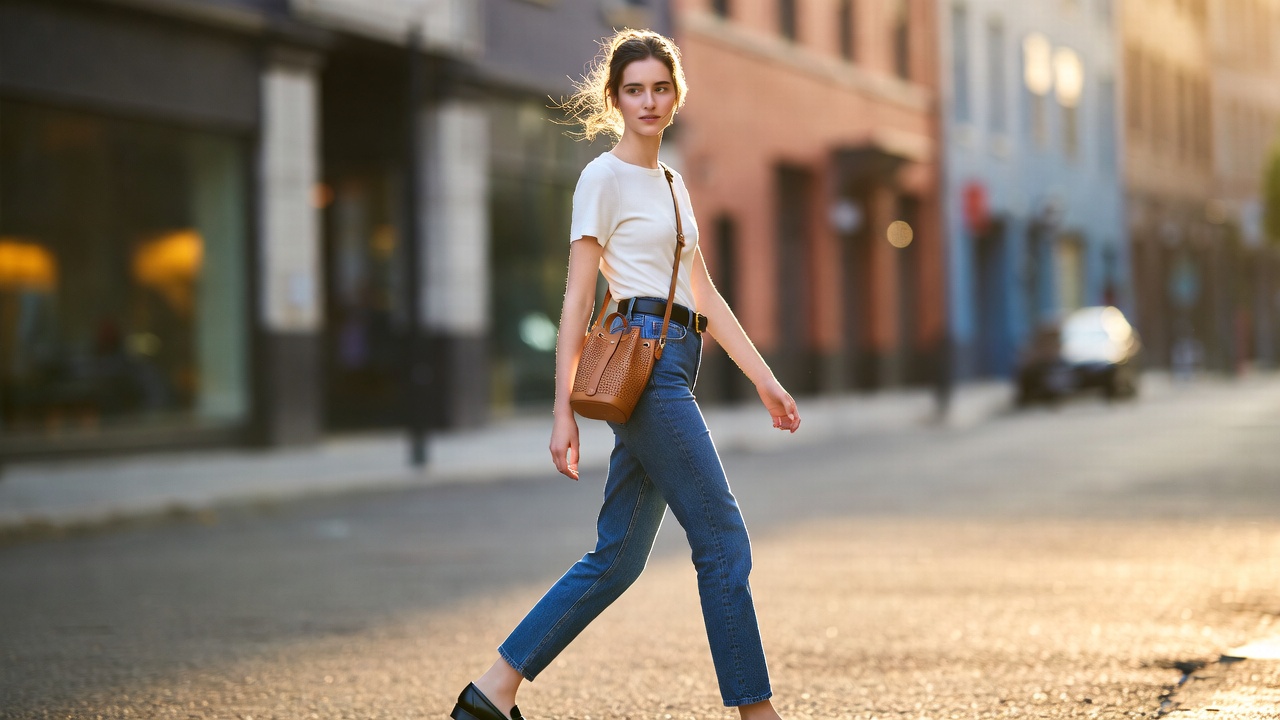 Woman styling Clare V Henri Petit tan crossbody bag casually on city street, hands-free everyday luxury fashion look.