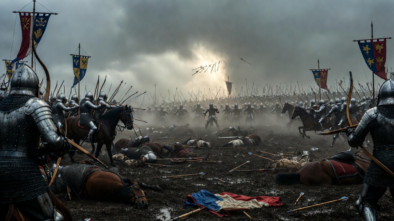 Battle of Agincourt 1415 historical reenactment with English longbowmen and French knights in muddy terrain