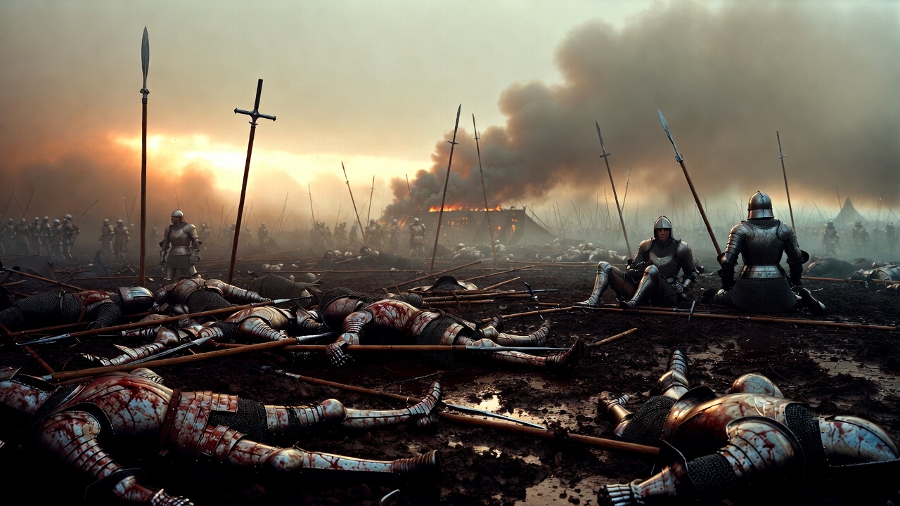 Aftermath of medieval battle showing brutal reality of war in Shakespeare's Henry V