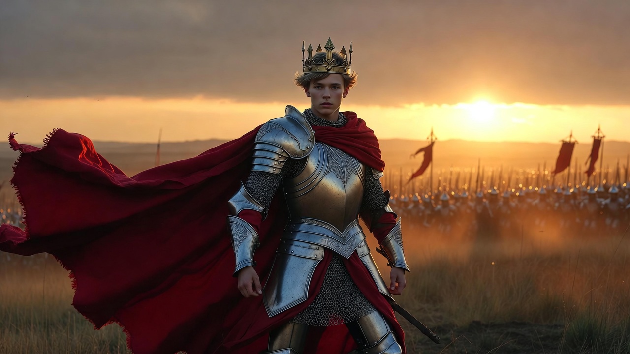 Majestic portrait of King Henry V as the heroic yet complex leader in Shakespeare's history play