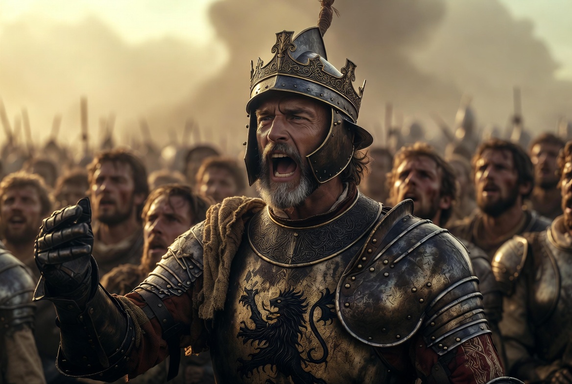 Enrique V pronunciando el icónico discurso del Día de San Crispín en Agincourt