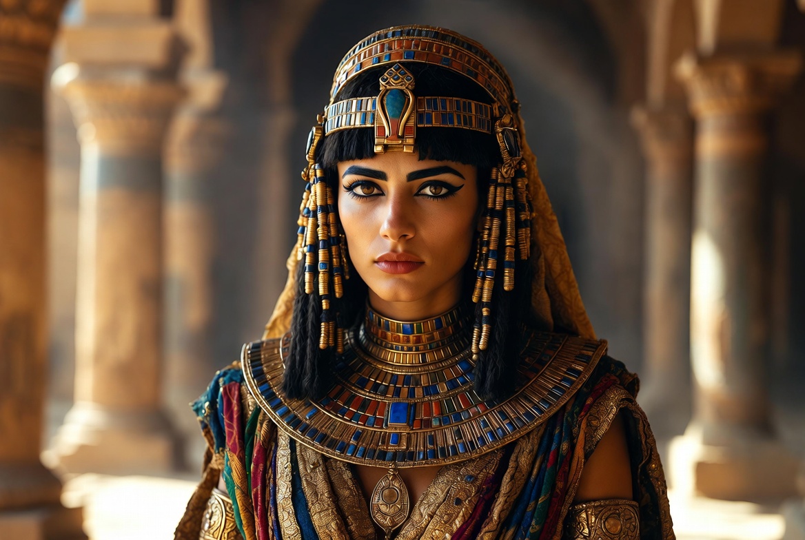 Historical Cleopatra VII in opulent royal attire as stateswoman and style icon inspiring modern fashion