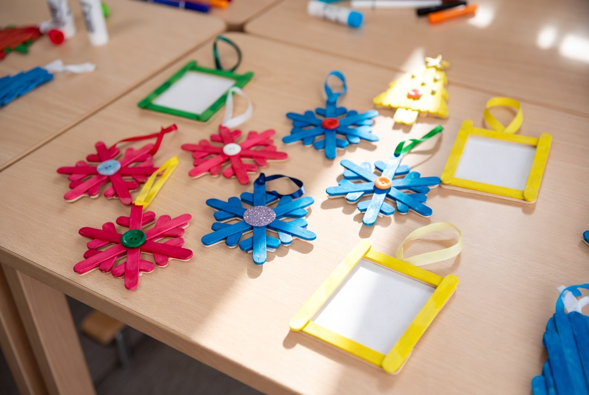 easy popsicle stick snowflake and Christmas tree ornaments DIY for classroom