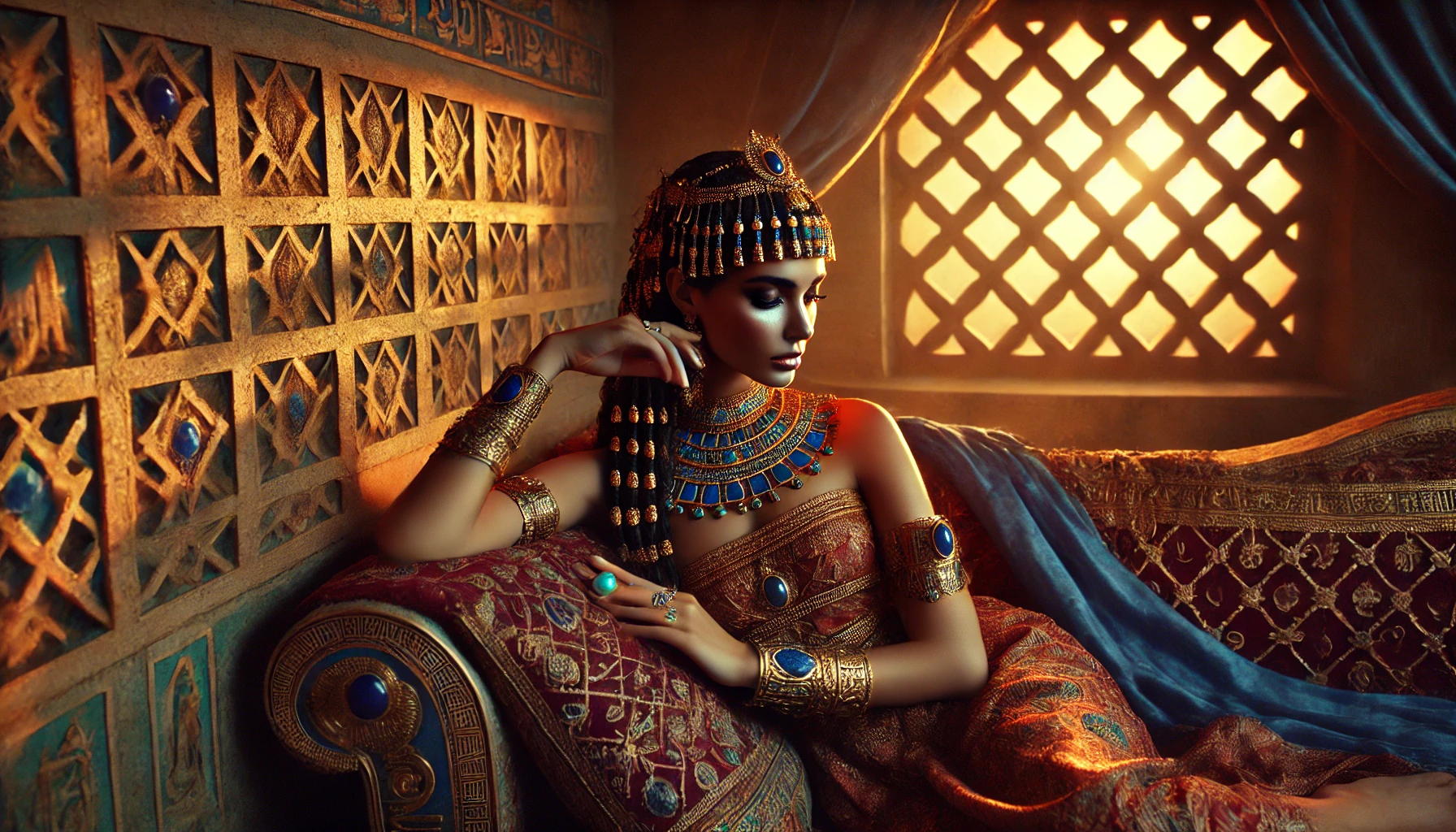 Cleopatra reclining thoughtfully with pearl gift in opulent Egyptian chamber – Act 1 Scene 5 longing scene