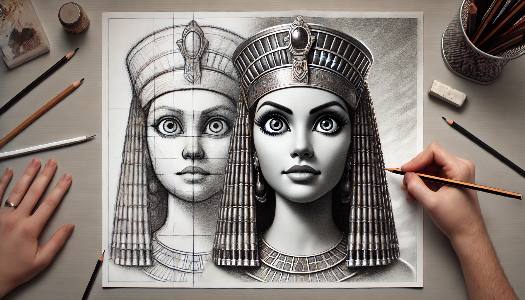 Before and after common mistakes corrected when learning to draw Cleopatra