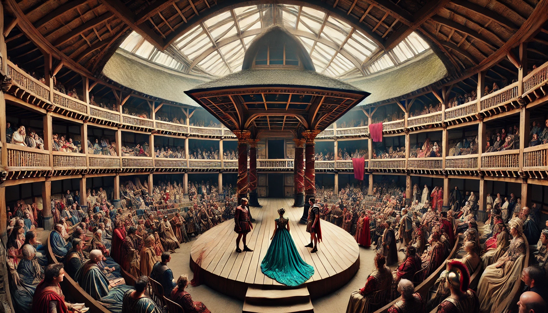 Antony and Cleopatra at the Globe 2024 full stage production view with Roman and Egyptian costumes