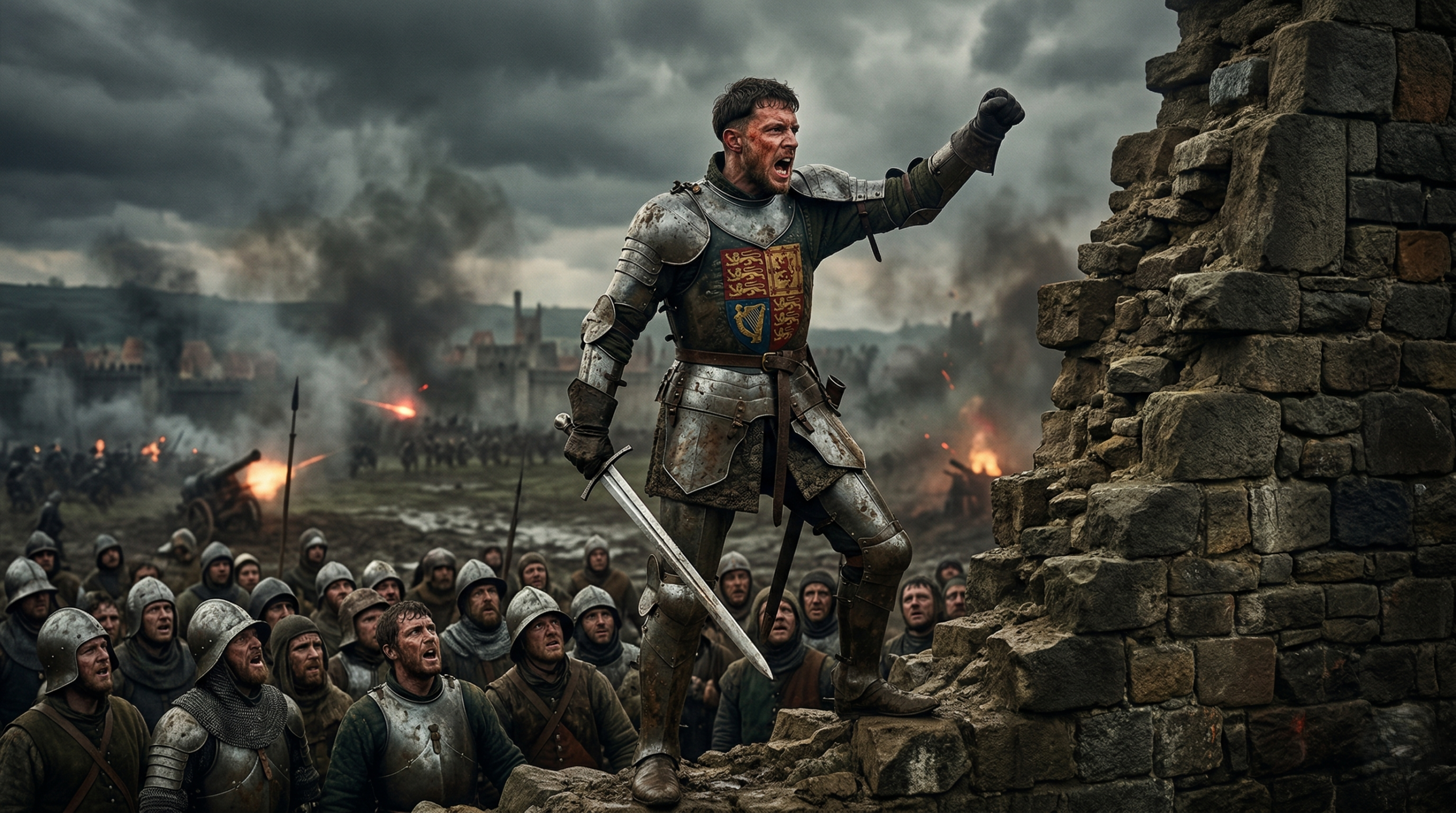 King Henry V delivering Once More Unto the Breach monologue during the Harfleur siege in Henry V monologues analysis