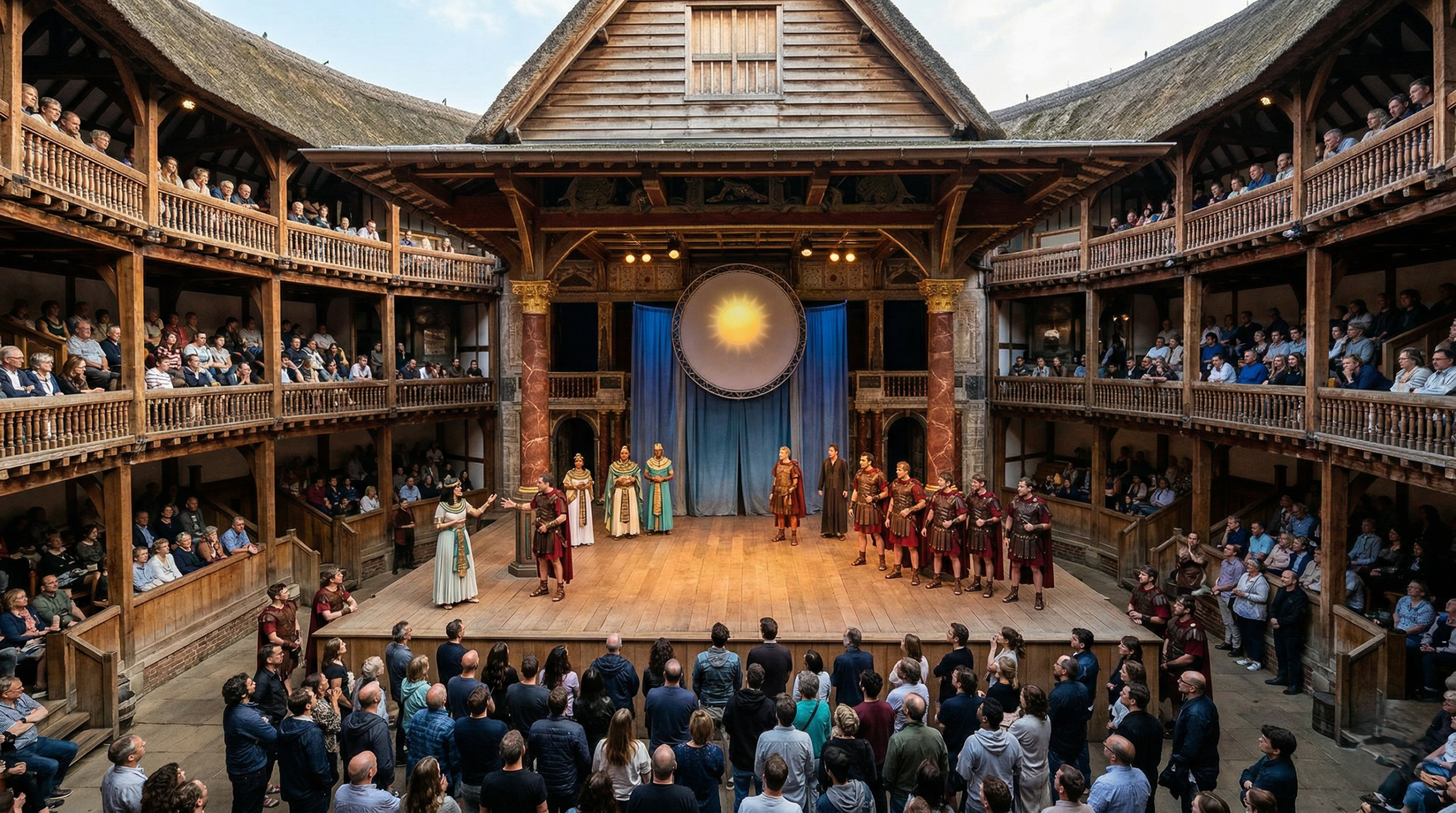 Shakespeare’s Globe Theatre stage in Antony and Cleopatra at the Globe bilingual production