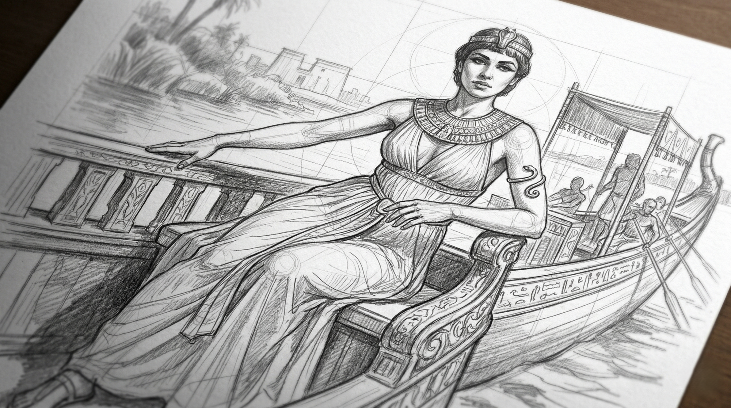 Progress sketch showing Cleopatra in royal barge pose for Shakespeare drawing tutorial