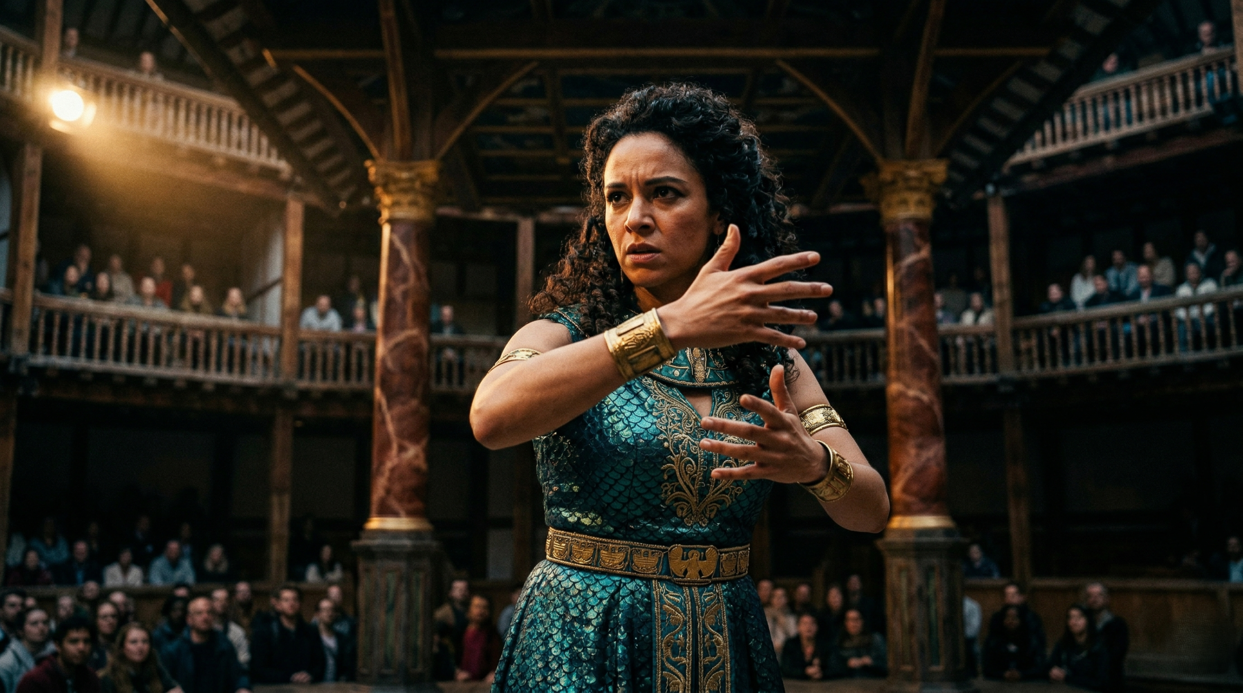 Nadia Nadarajah as Cleopatra signing in Antony and Cleopatra at the Globe 2024