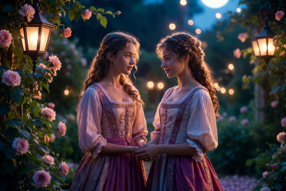 Shakespearean love and friendship illustrated in a romantic garden scene with timeless elegance