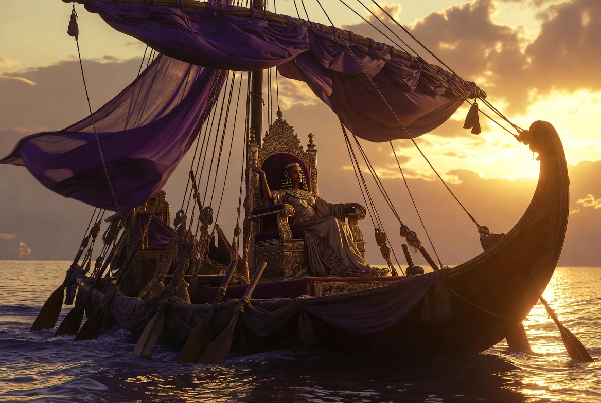 Shakespeare’s Cleopatra on royal barge dramatic scene from Antony and Cleopatra inspiring fashion and performance