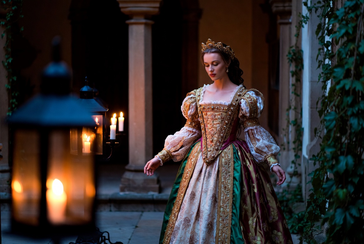 Elizabethan gown in historical context representing love and friendship in Shakespeare’s era