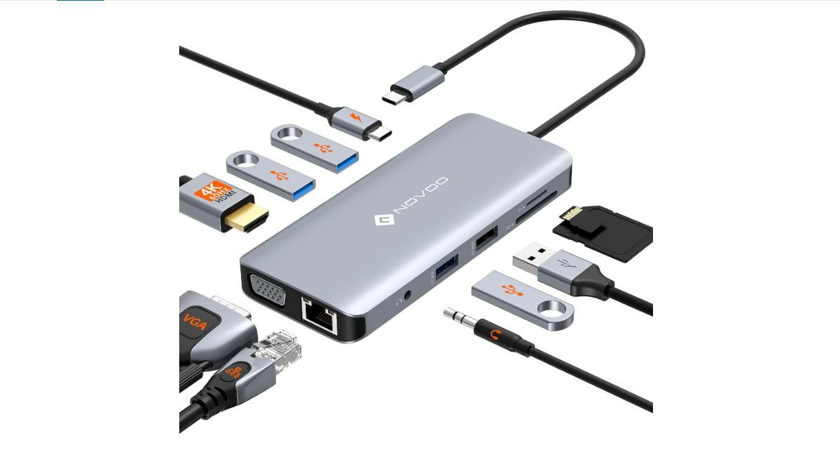 NOVOO USB C Hub, 11-in-1 Docking Station Multiport Adapter with 4K USB C to HDMI, VGA, Gigabit Ethernet, 100W PD, 3 USB-A 5 Gbps, MicroSD/SD Card Reader,...